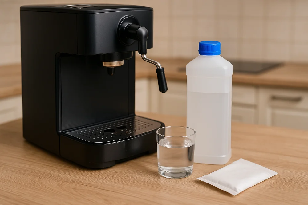 Сучасна кавомашина поруч із пляшкою засобу для декальцинації та склянкою води