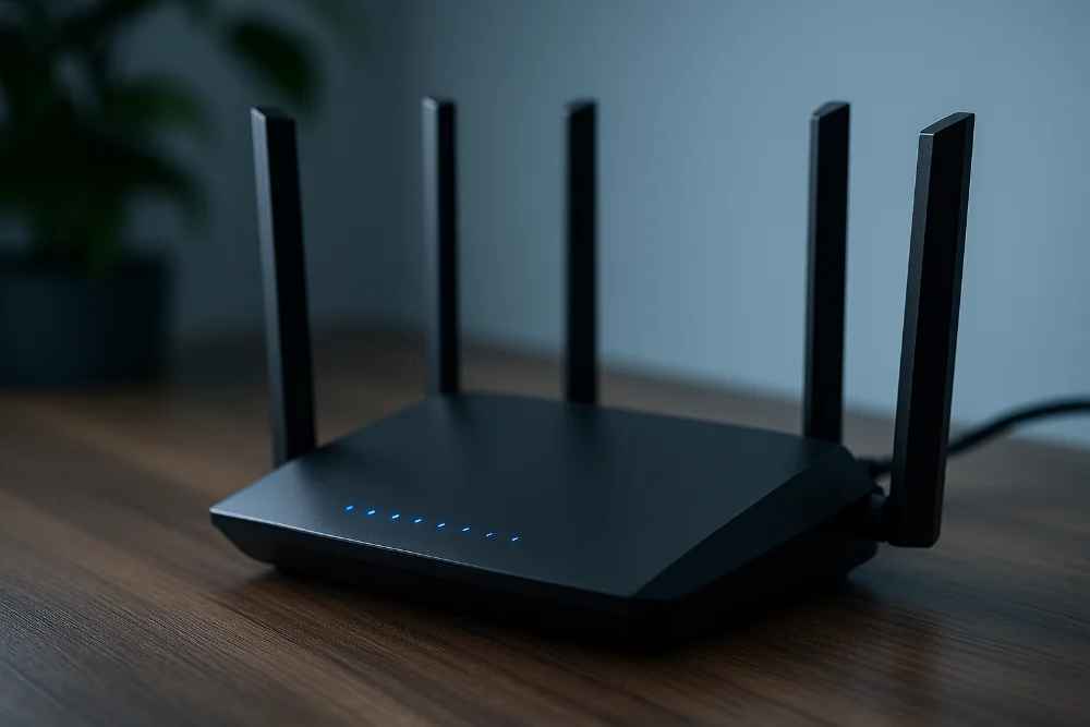Фотографічно реалістичний Wi-Fi роутер з антенами та LED-індикаторами у сучасному інтер’єрі