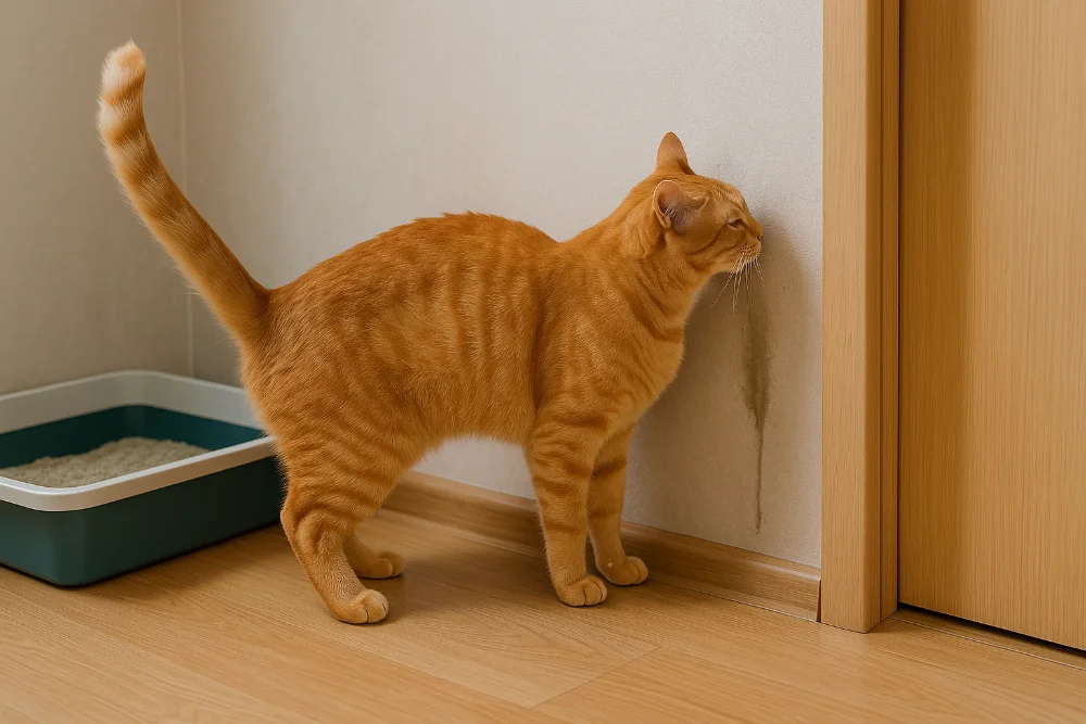 Рудий кіт мітить вертикальну поверхню в кімнаті, поруч стоїть котячий лоток