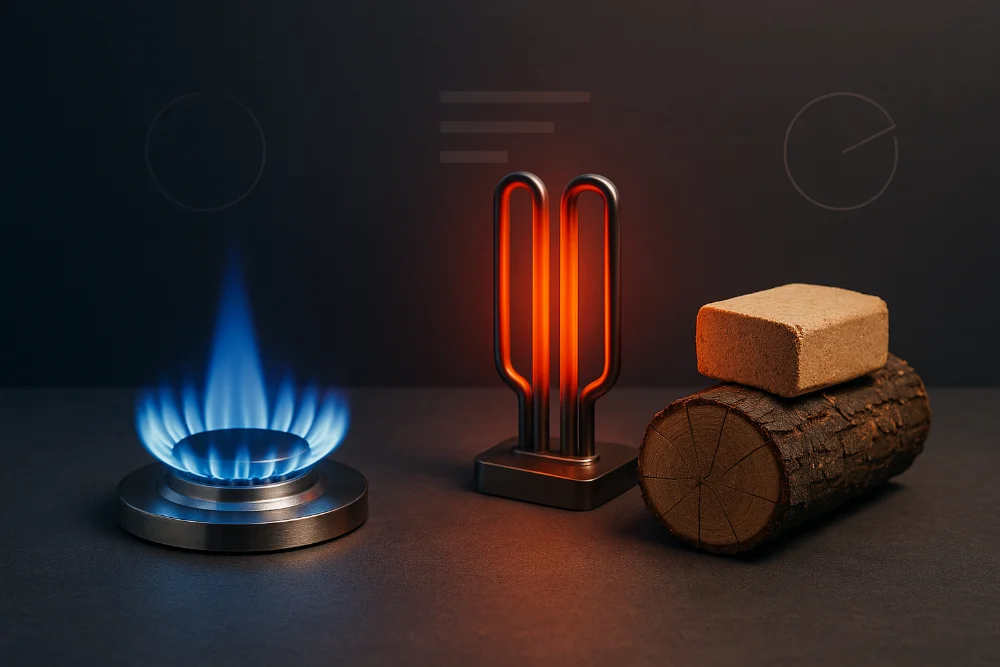 Газовий пальник із синім полум’ям, електронагрівач і деревина з брикетом у технічній преміальній сцені