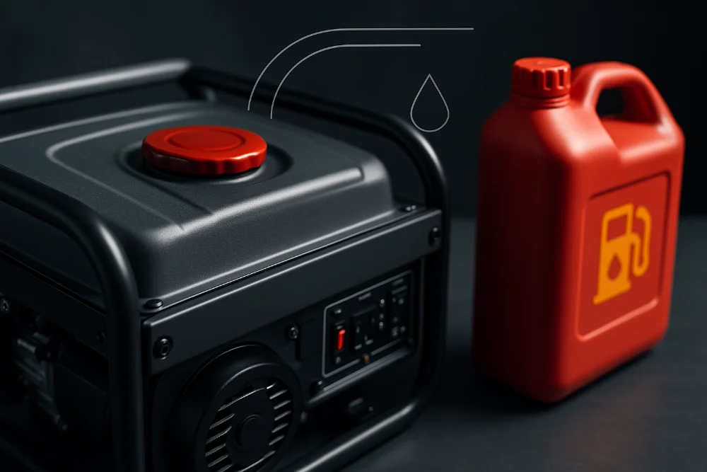 Крупний план паливного бака генератора з каністрою та інфографікою про витрату пального