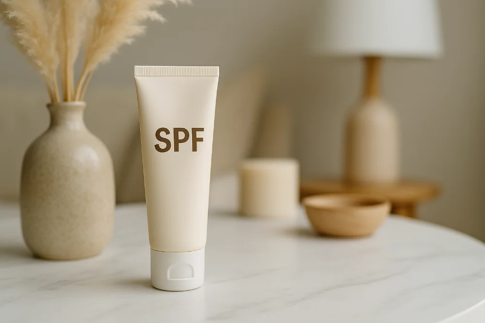 Тюбик SPF-крему на косметичному столику з домашнім декором на тлі