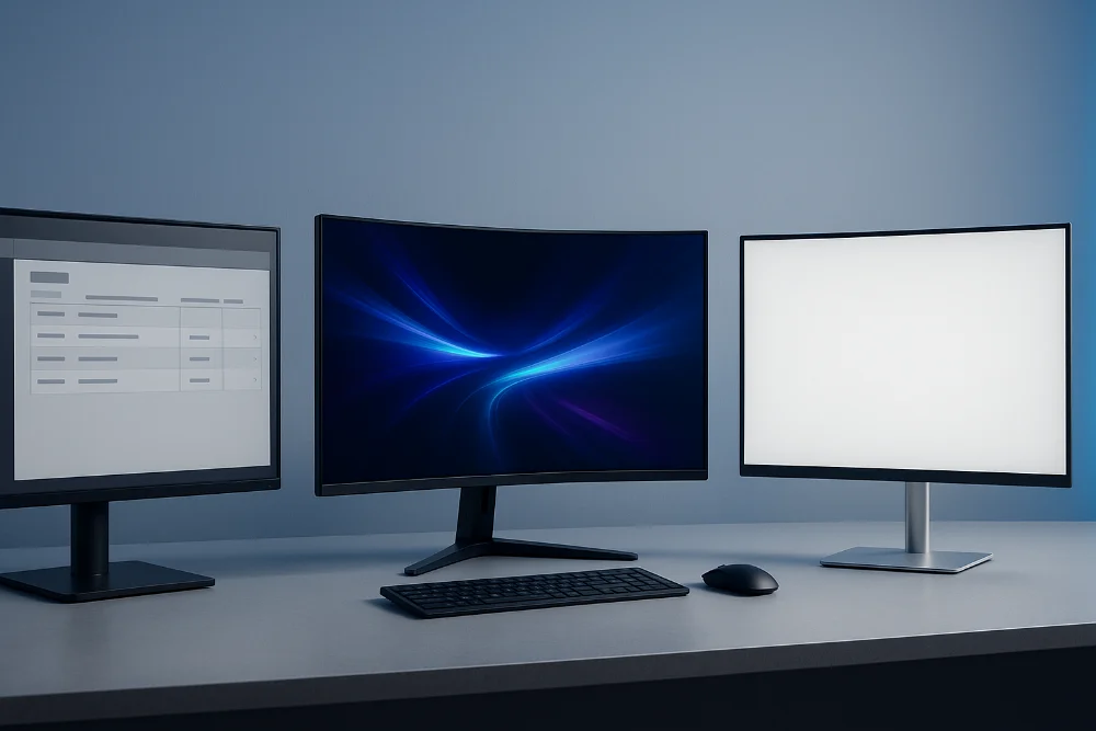 Три монітори на акуратному столі: робочий, ігровий та мінімалістичний у сучасній техно-сцені