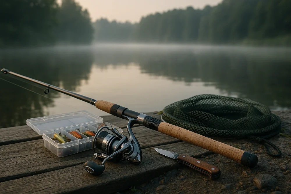 Рибальське спорядження на причалі — вудка, котушка, приманки та сітка на тлі туманного ранкового озера