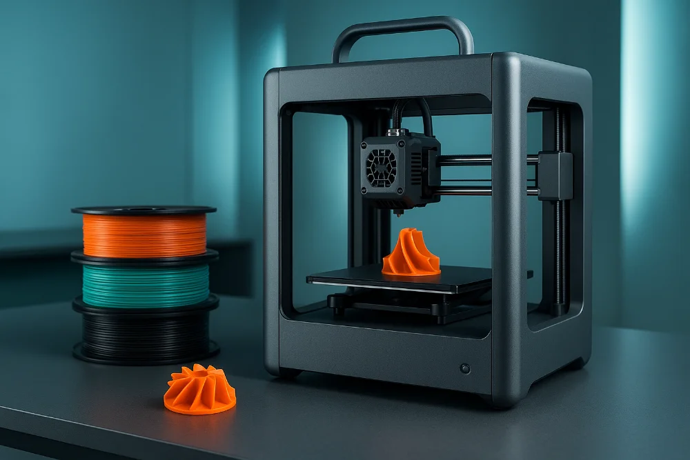 Фотореалістичний 3D-принтер на столі з кольоровими філаментами та надрукованою деталлю