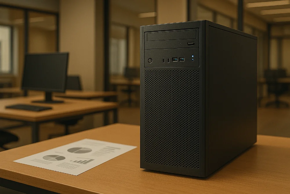 Сучасний серверний блок на столі офісу з документами та діаграмами