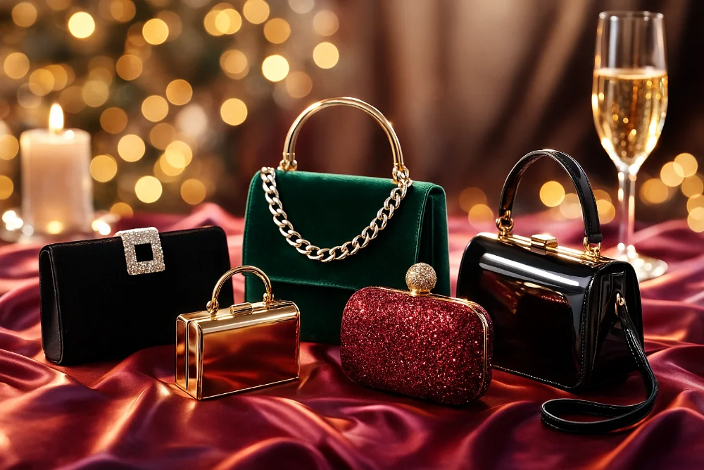 Гламурна композиція з вечірніх сумок на бордовому атласі з боке та шампанським