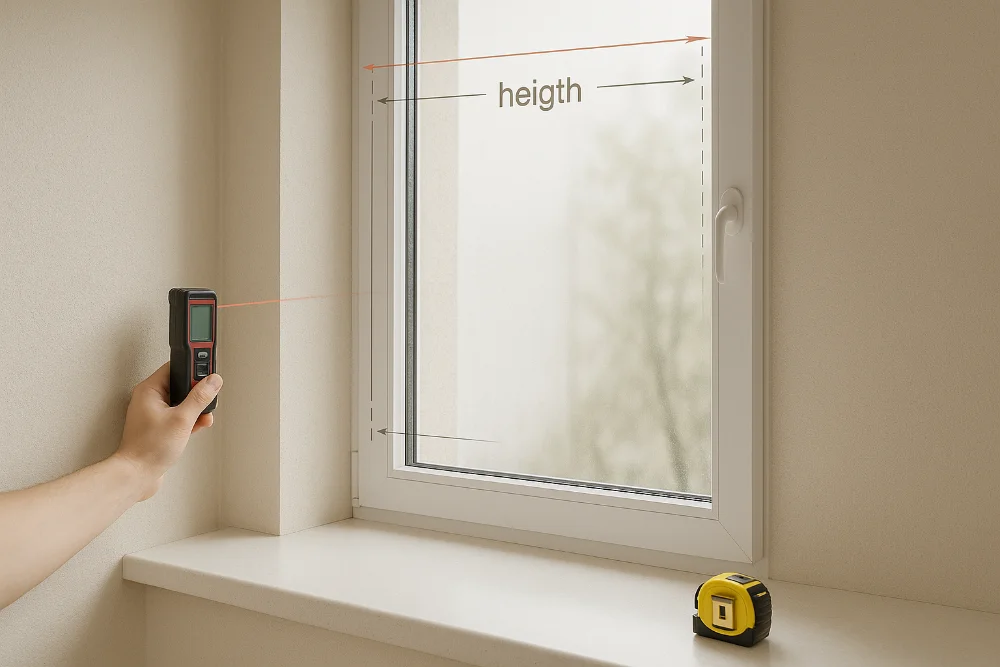 Реалістичне фото вимірювання ширини та висоти вікна лазерною лінійкою у світлому інтер’єрі