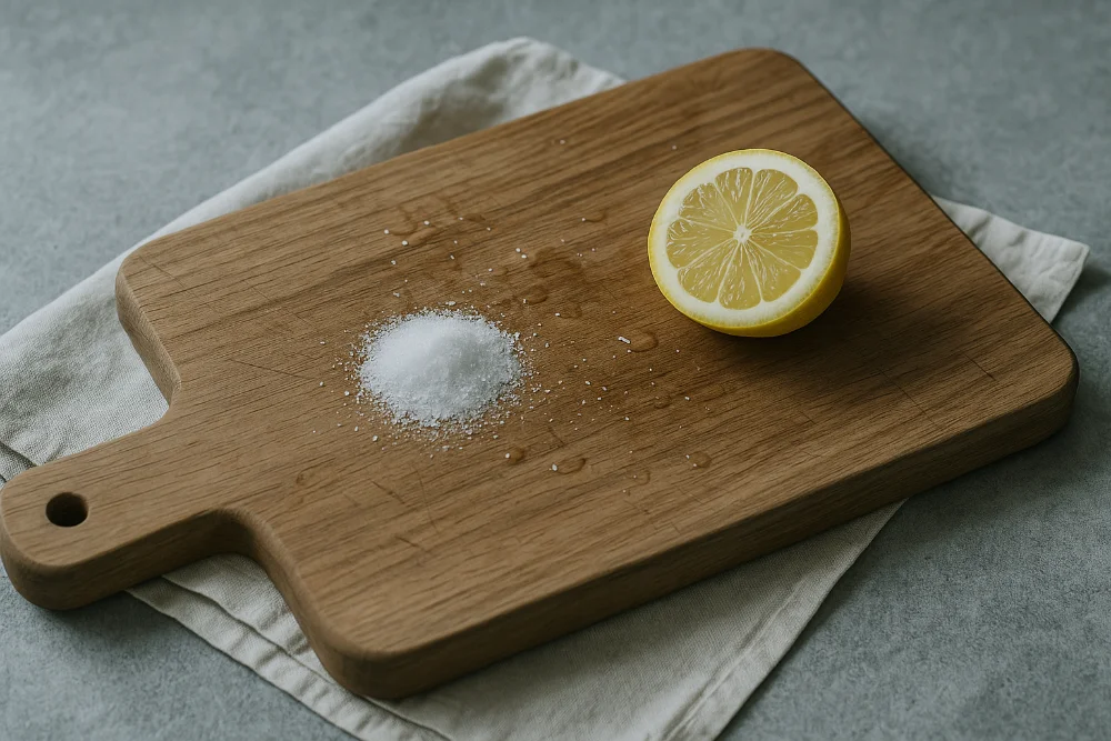Дерев’яна обробна дошка з лимоном, сіллю та краплями води у природній стилістиці