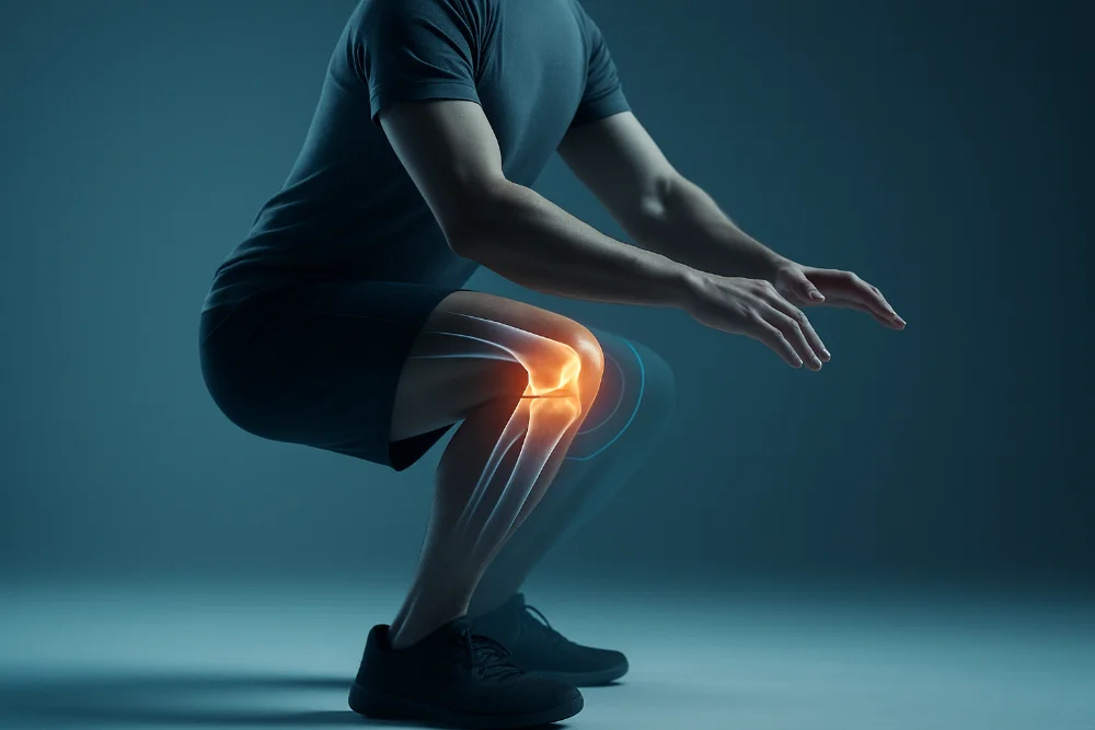 Людина в напівприсіді з підсвіченим колінним суглобом у медично-спортивному анатомічному стилі