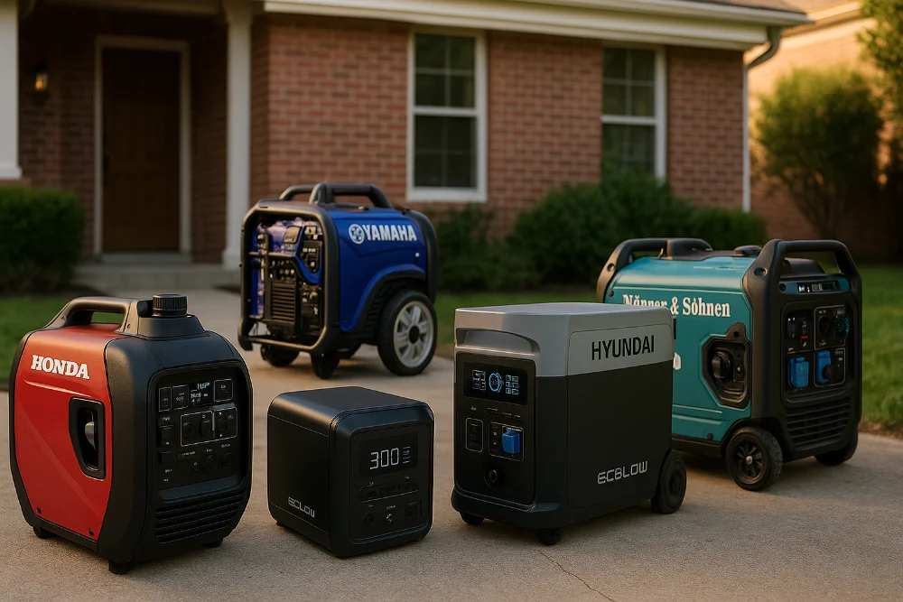 Чотири портативні генератори різних брендів, розміщені перед приватним будинком