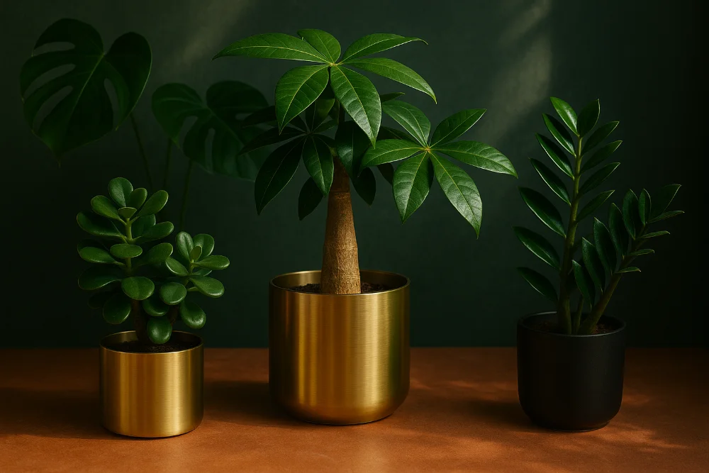Кімнатні рослини — пахіра, толстянка, замиокулькас і монстера в преміальному декорі на теракотовій поверхні