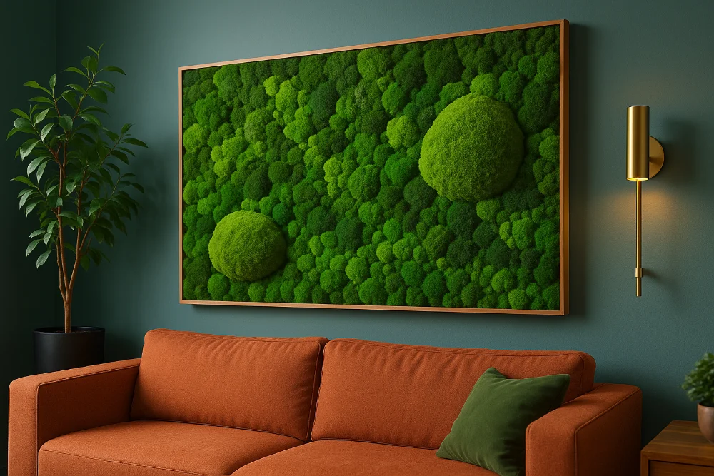 Велика настінна панель зі стабілізованого моху над диваном у стильному сучасному інтер’єрі