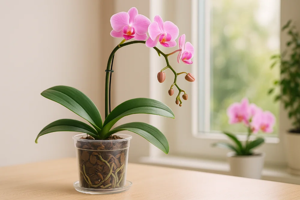 Фаленопсис у прозорому горщику з корою та коренями, розташований на світлому підвіконні
