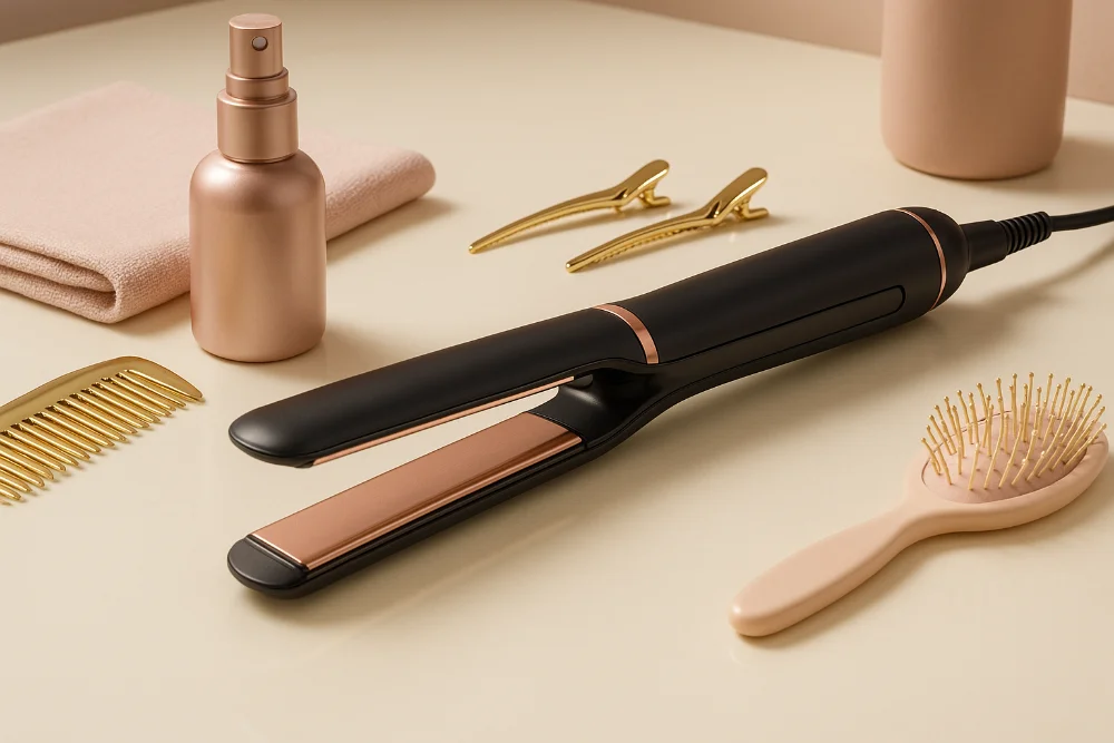 Сучасний стайлер на світлій поверхні поруч із гребінцем, щіткою та аксесуарами