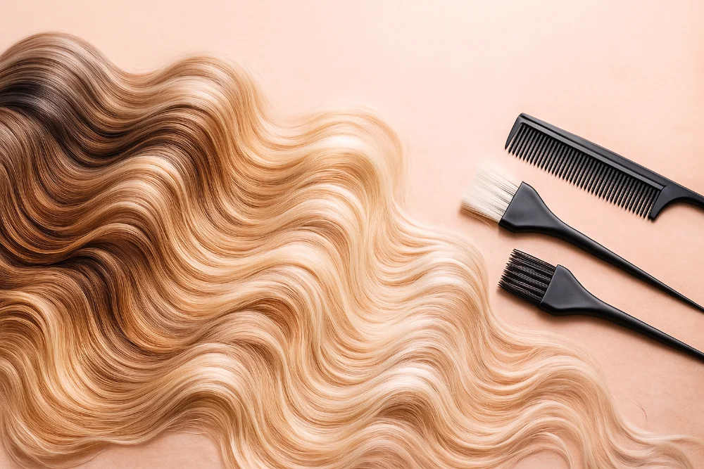 Локони з плавними переходами омбре, балаяж і шатуш, поруч пензлі та гребінець на пастельному фоні