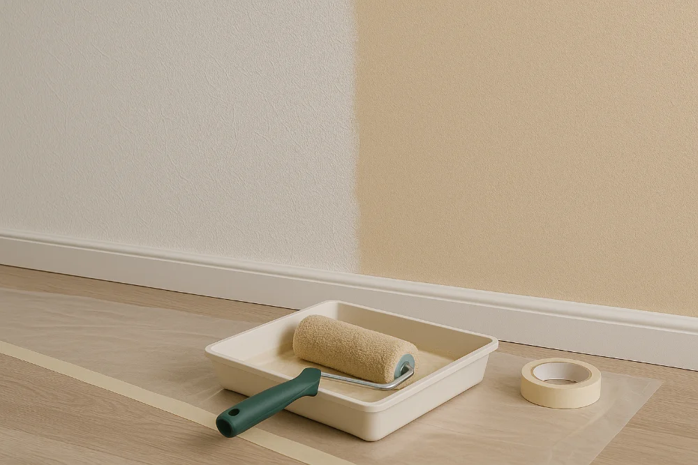 Валик у лотку з фарбою поруч із напівпофарбованою текстурною стіною та малярським скотчем