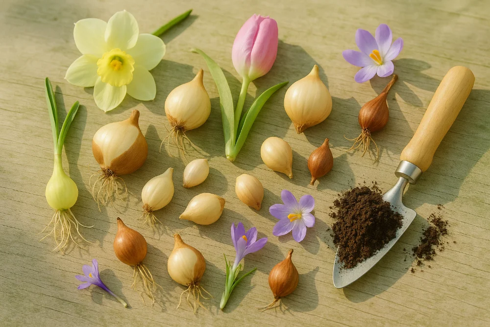 Різні цибулини квітів, крокуси й лопатка на дерев’яній поверхні у м’якому світлі