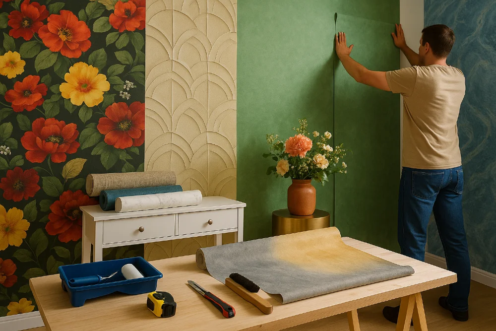 Майстер клеїть шпалери різних стилів у сучасній кімнаті з інструментами та рулонами шпалер