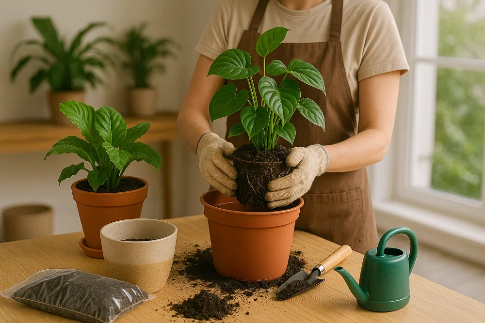 Людина в рукавичках пересаджує кімнатну рослину в новий горщик на столі