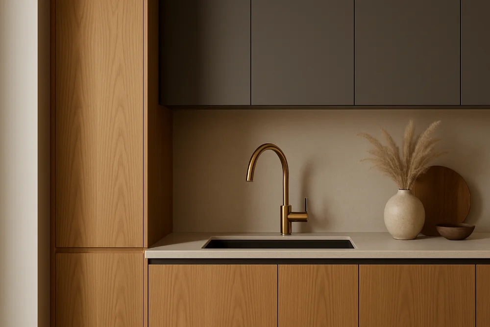Фрагмент сучасної кухні з дерев’яними шафами, графітовими модулями, мийкою та латунним змішувачем