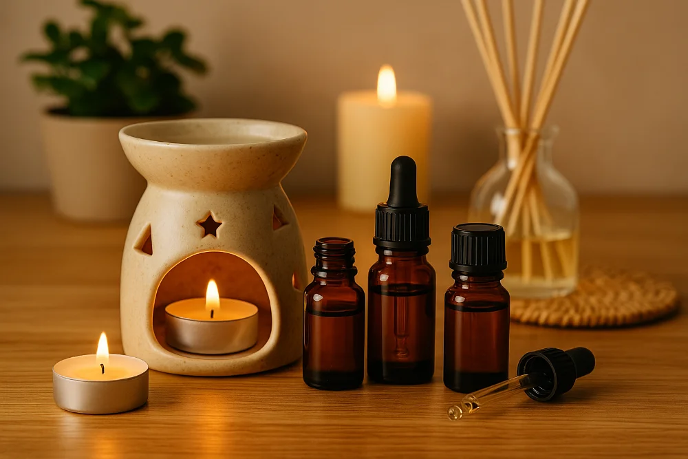 Керамічна аромалампа зі свічкою та флакончиками ефірних олій на дерев’яній поверхні