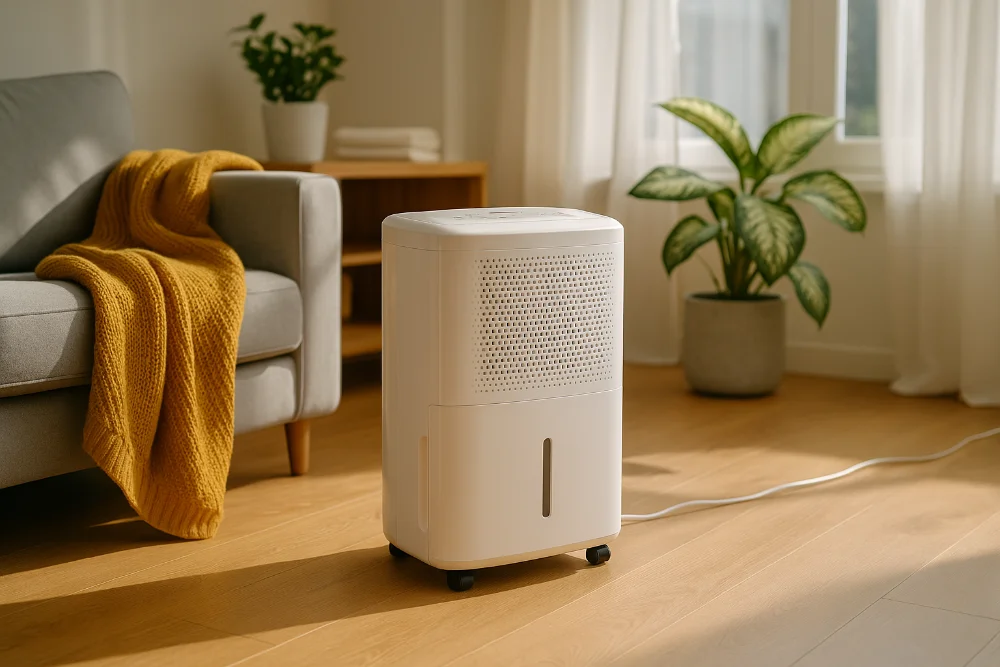Білий осушувач повітря в інтер’єрі вітальні на дерев’яній підлозі