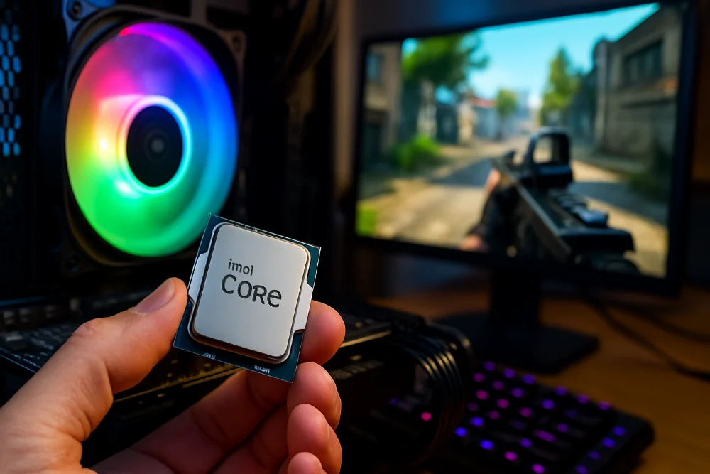 Процесор у руці біля відкритого ПК з RGB-вентилятором і грою на моніторі