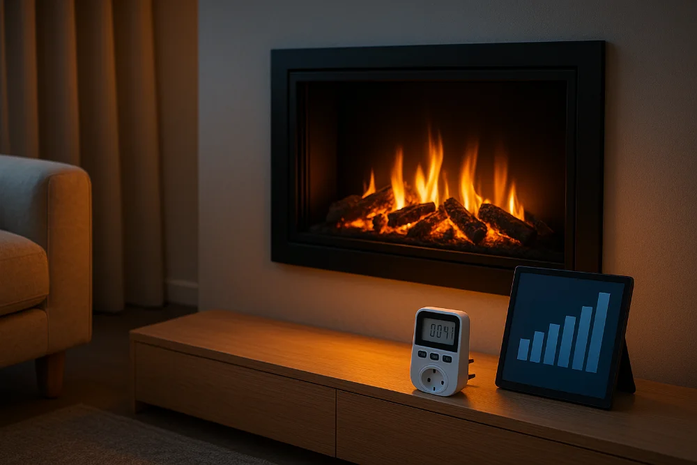 Електрокамін у мінімалістичній вітальні поруч із лічильником та графіком споживання