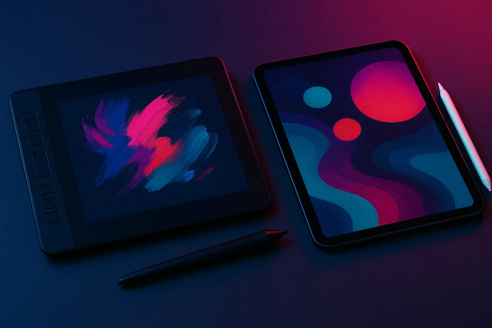Графічний планшет і iPad поруч зі стилусами на неоновому арт-фоні