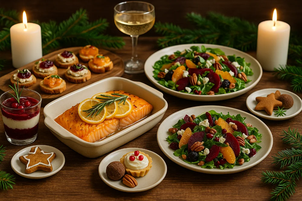 Новорічний святковий стіл 2026 з рибою, салатами, закусками та десертами у яскравій подачі