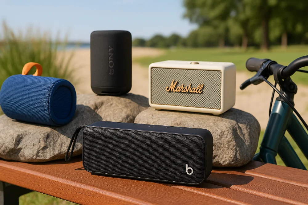 Портативні Bluetooth-колонки різних брендів, розташовані на каменях і лавці на фоні пляжу