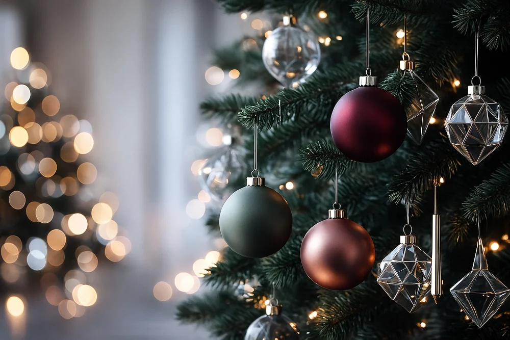 Крупний план стильних матових куль та геометричних орнаментів на ялинці з теплим і холодним боке фоном