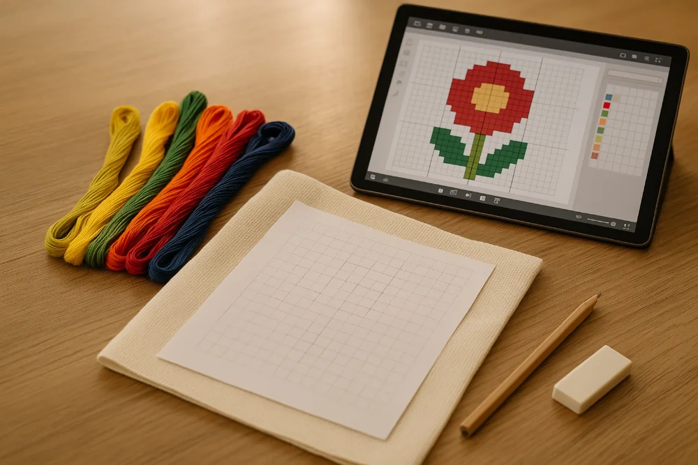 Робочий стіл із канвою, нитками муліне та планшетом із програмою для створення схеми