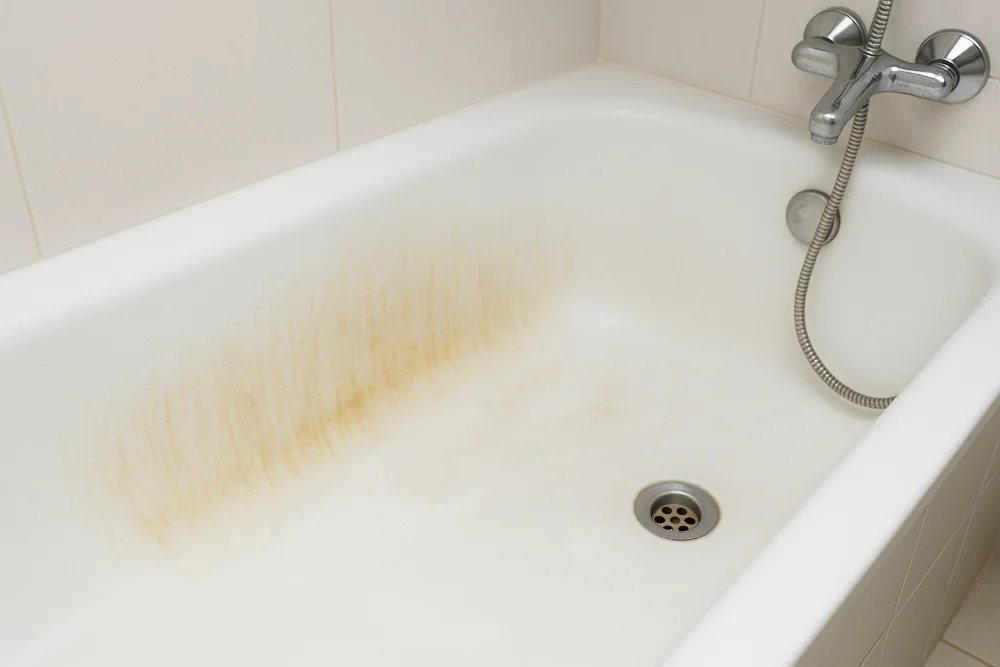 Біла ванна з вираженими жовтими плямами та нальотом уздовж стінок