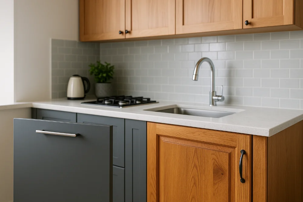 Сучасна кухня з фасадами МДФ та масиву поруч для візуального порівняння