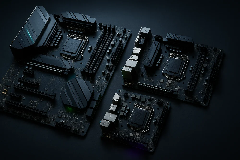 Три материнські плати ATX, Micro-ATX і Mini-ITX у преміальній тех-сцені на темній поверхні