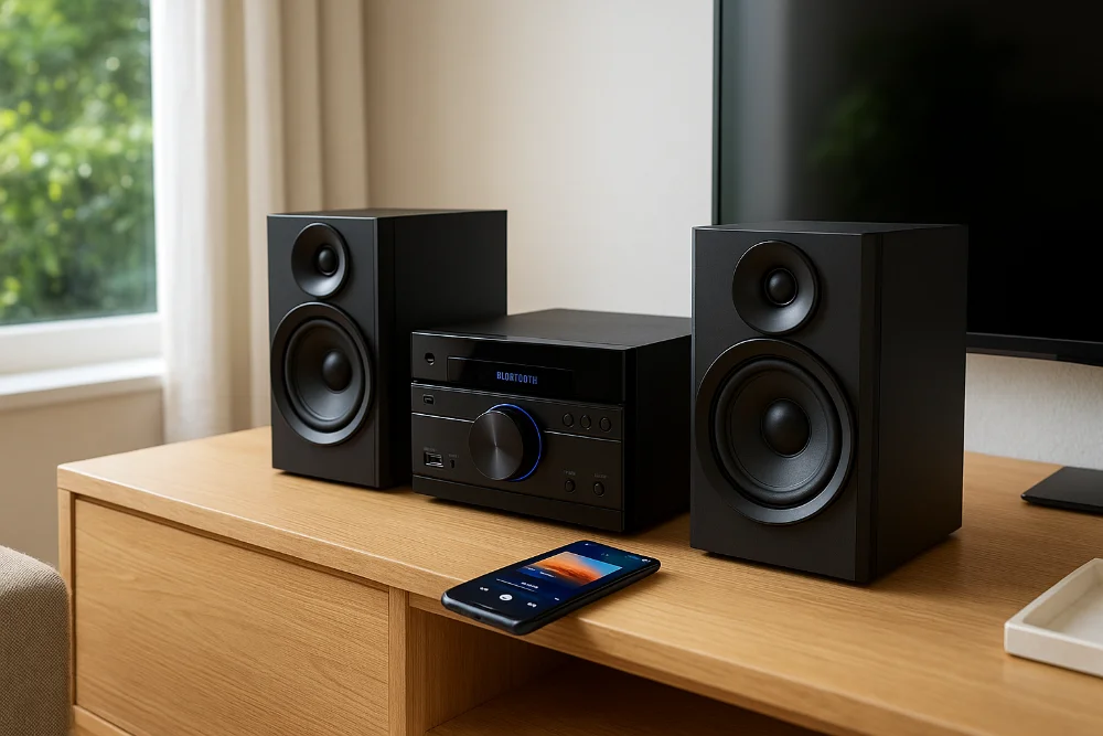 Реалістичне фото музичного центру з двома колонками в яскравій сучасній вітальні