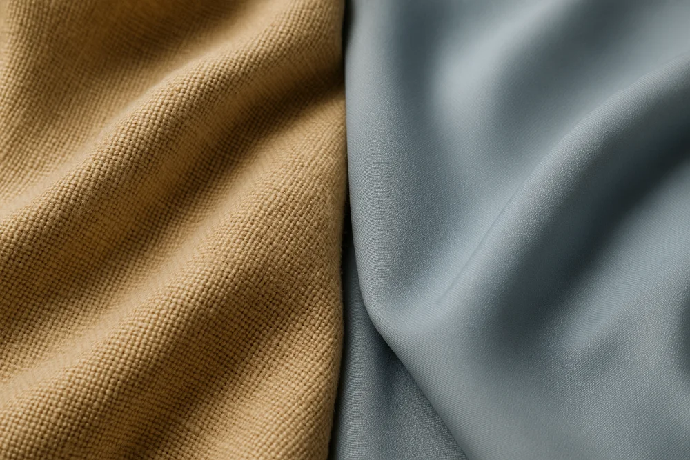 Натуральна бежево-лляна й синтетична сіро-блакитна тканини поруч для порівняння текстур