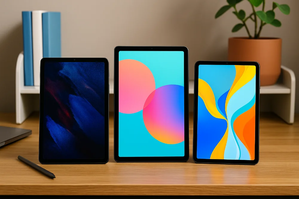 Три Android-планшети Samsung, Lenovo та Huawei на робочому столі з увімкненими екранами