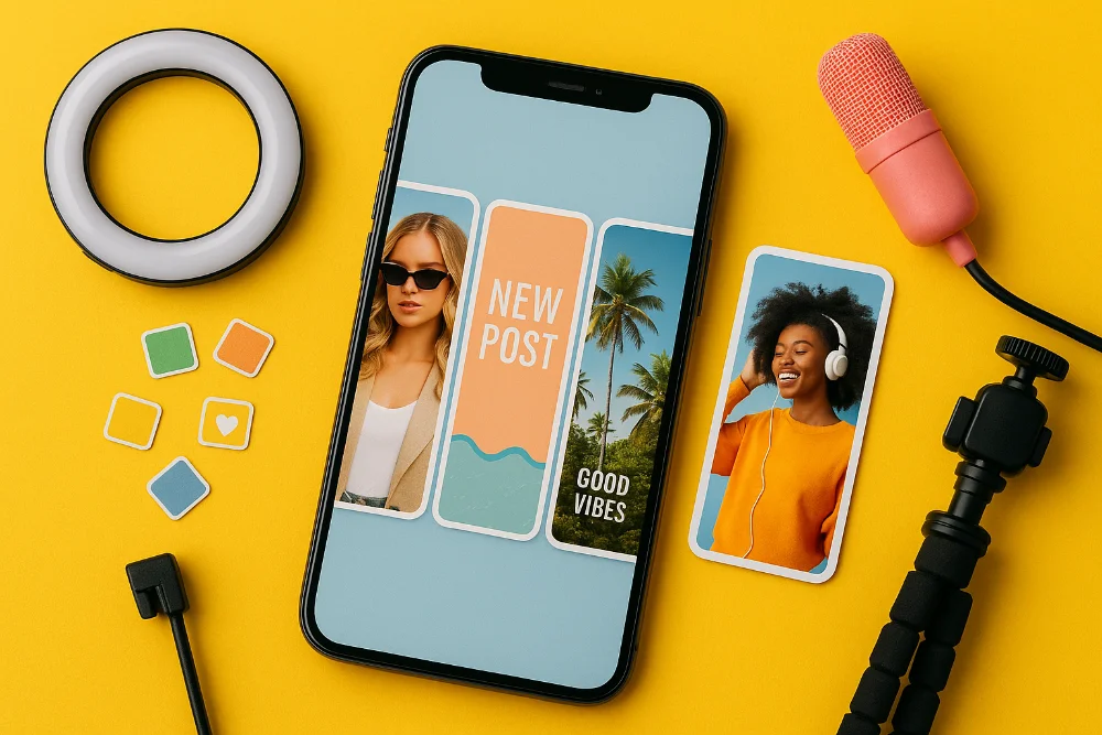 Смартфон зі сторіс на екрані, поруч мікрофон, штатив і кільцева лампа на жовтому фоні