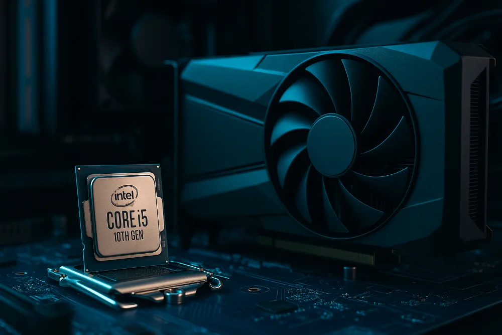 Фотореалістичне зображення Intel Core i5 10400F та відеокарти в системному блоці