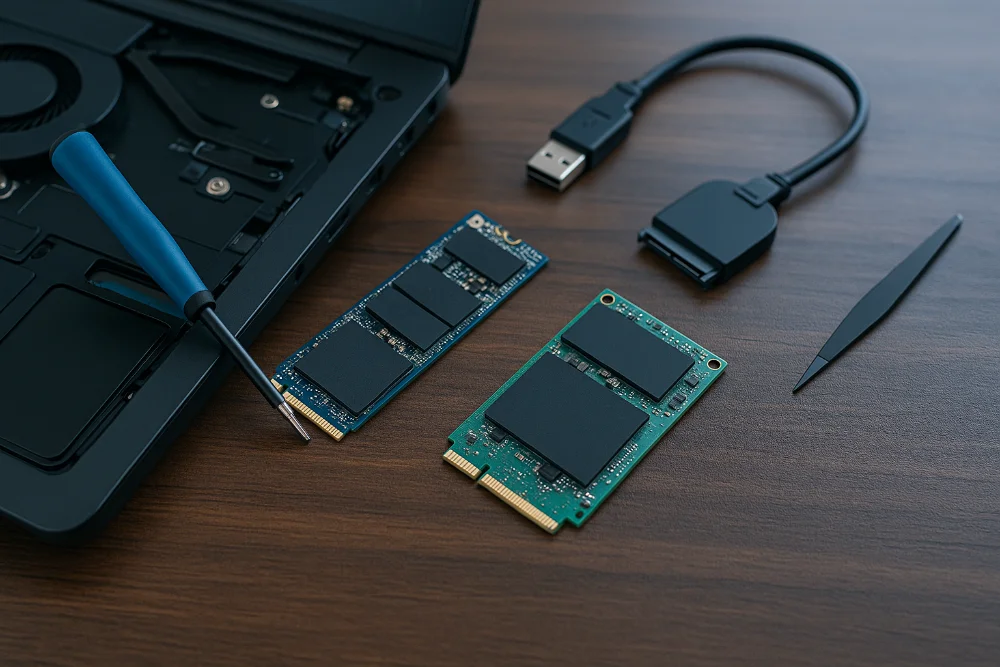 Ноутбук із відкритою кришкою та M.2 SSD, розташованими поруч на столі для апгрейду