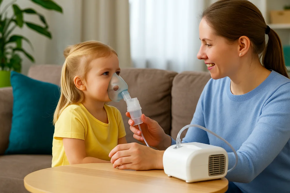 Дитина з маскою небулайзера та мама поруч під час домашньої інгаляції
