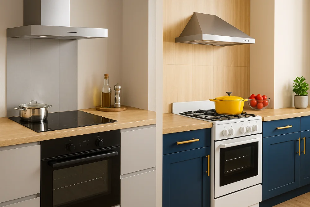 Дві сучасні кухні з вбудованою та окремою плитою для наочного порівняння