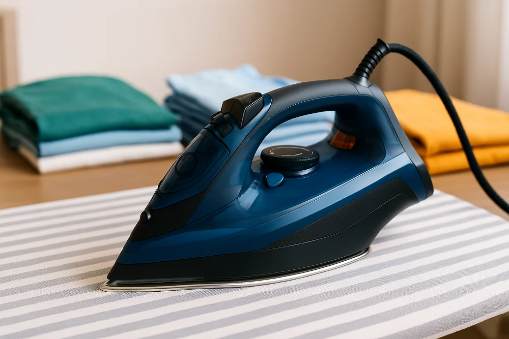 Фотографія сучасної праски на дошці з яскравим складеним одягом позаду