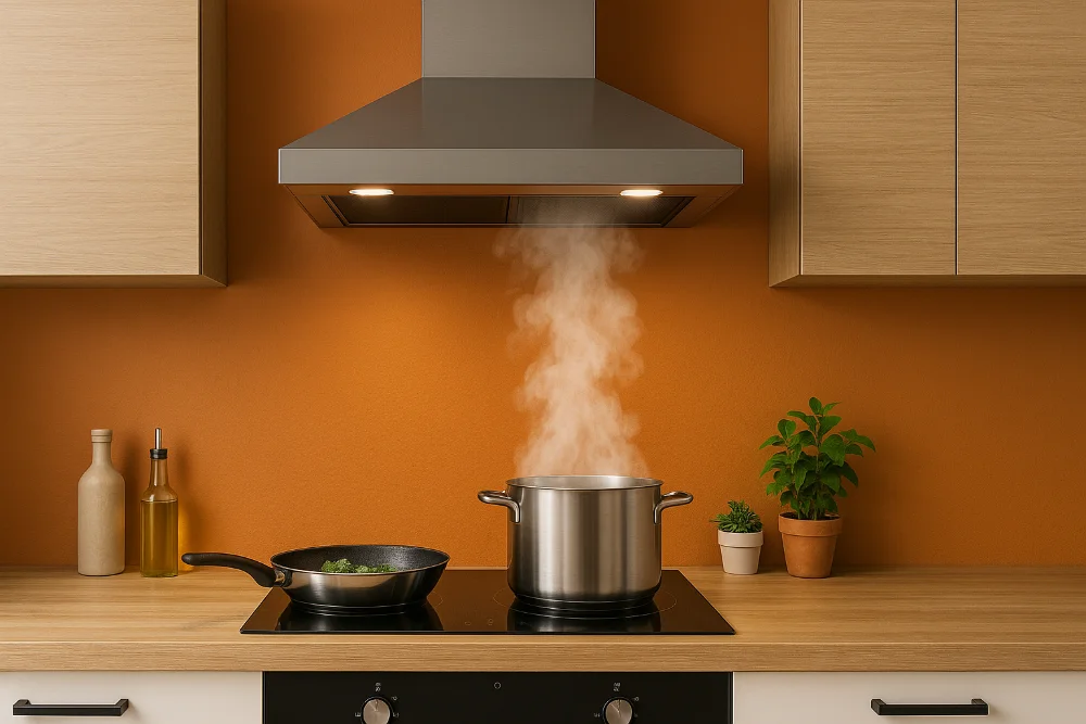 Рециркуляційна кухонна витяжка працює над плитою з парою у сучасному інтер’єрі