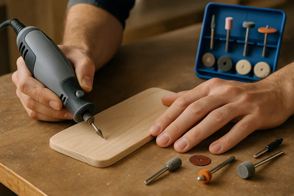 Майстер працює з гравером по дереву, використовуючи насадки для гравірування на робочому столі