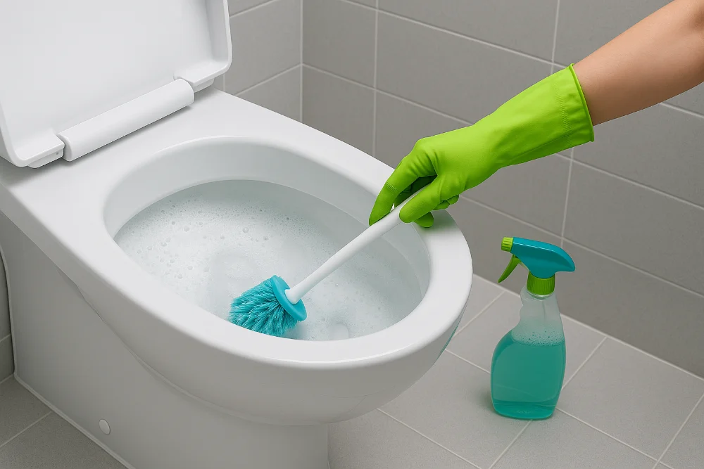 Процес чищення унітаза щіткою та мийним засобом у рукавичках у світлій сучасній ванній кімнаті