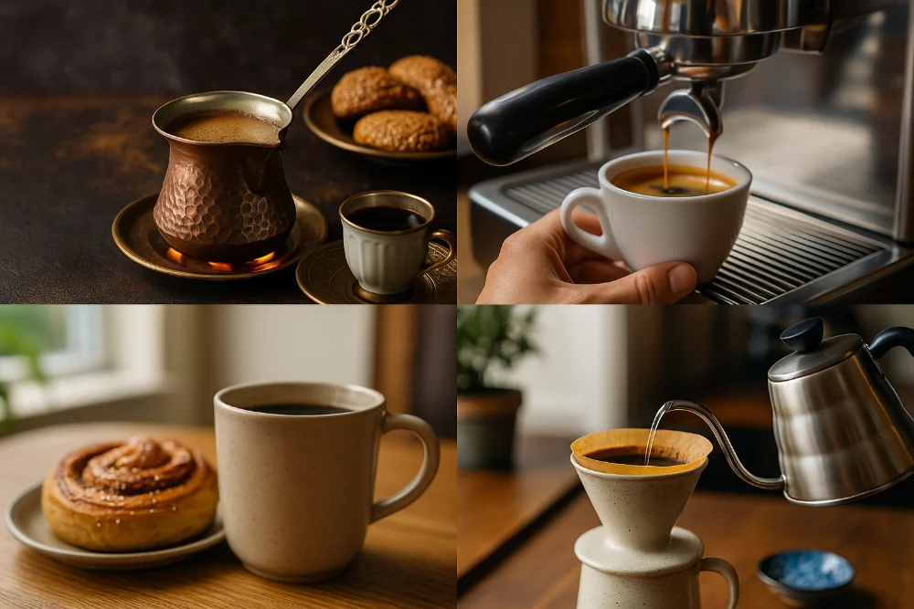 Колаж світових кавових ритуалів: турецька джезва, італійське еспресо, скандинавська фіка та японський pour-over